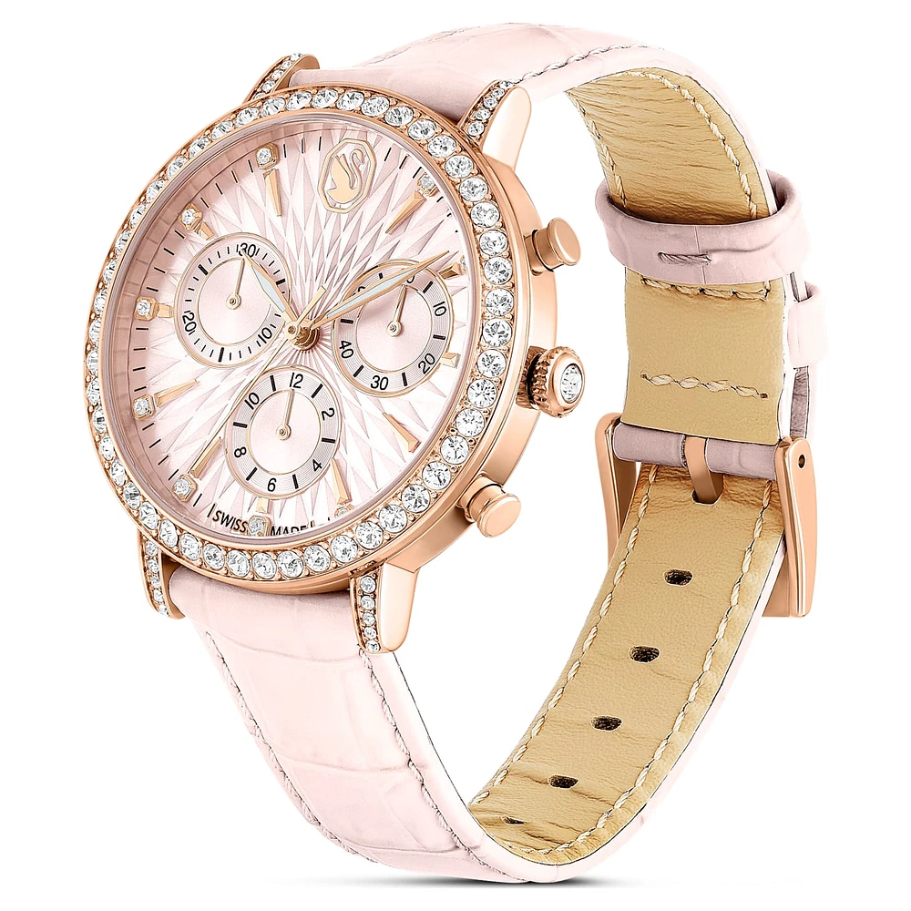 Matrix tennis chrono watch, Swiss Made, Leather strap, Pink, Rose gold-tone finish by SWAROVSKI