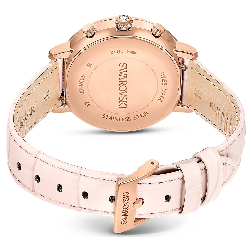 Matrix tennis chrono watch, Swiss Made, Leather strap, Pink, Rose gold-tone finish by SWAROVSKI