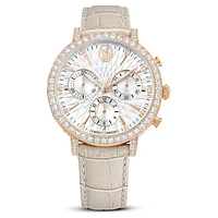 Matrix tennis chrono watch, Swiss Made, Leather strap, Beige, Rose gold-tone finish by SWAROVSKI