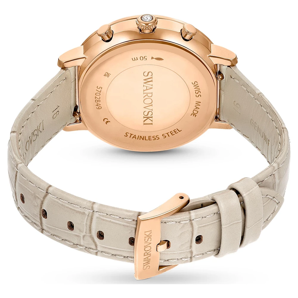 Matrix tennis chrono watch, Swiss Made, Leather strap, Beige, Rose gold-tone finish by SWAROVSKI