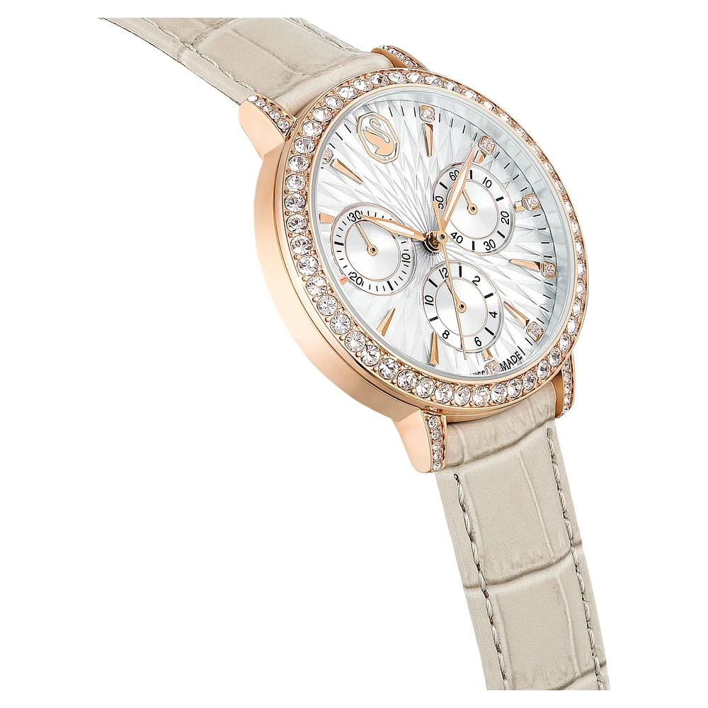 Matrix tennis chrono watch, Swiss Made, Leather strap, Beige, Rose gold-tone finish by SWAROVSKI