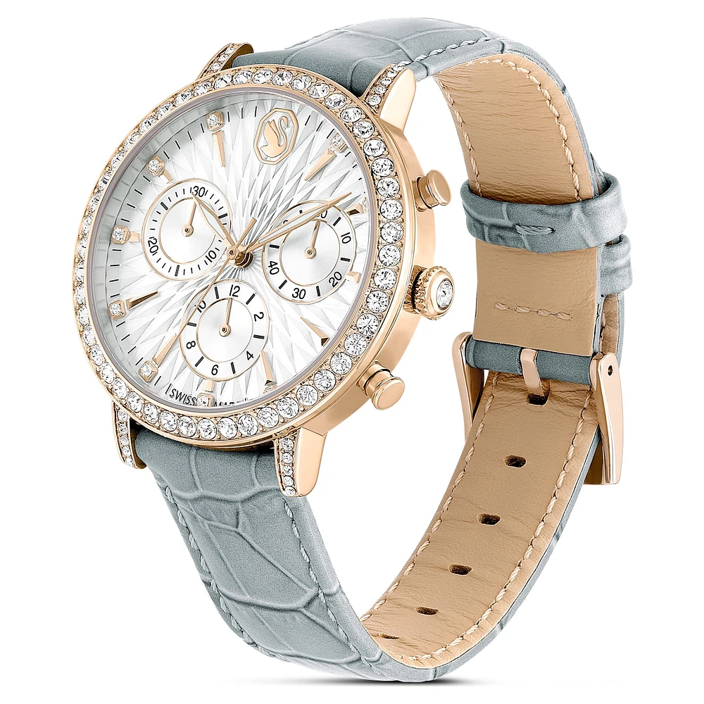 Matrix tennis chrono watch, Swiss Made, Leather strap, Grey, Champagne gold-tone finish by SWAROVSKI