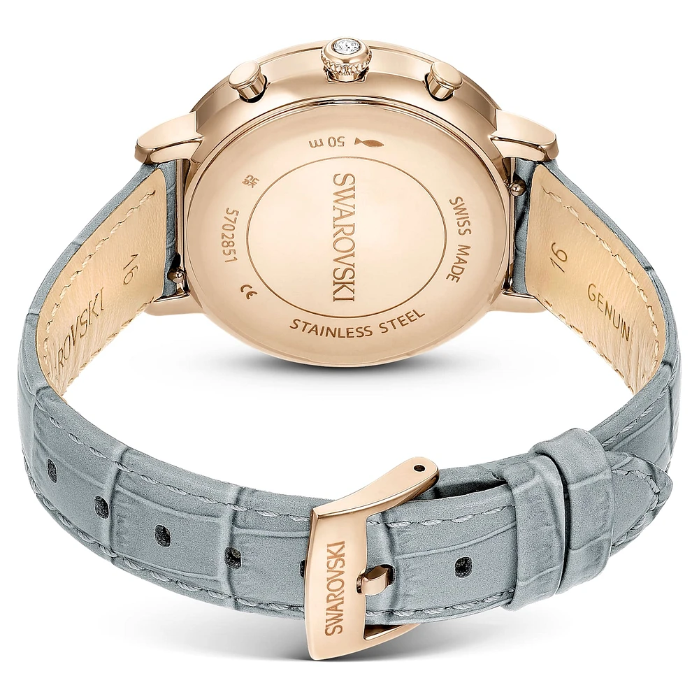 Matrix tennis chrono watch, Swiss Made, Leather strap, Grey, Champagne gold-tone finish by SWAROVSKI