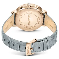 Matrix tennis chrono watch, Swiss Made, Leather strap, Grey, Champagne gold-tone finish by SWAROVSKI