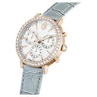 Matrix tennis chrono watch, Swiss Made, Leather strap, Grey, Champagne gold-tone finish by SWAROVSKI