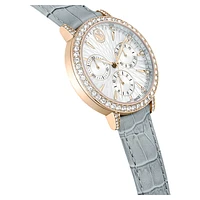 Matrix tennis chrono watch, Swiss Made, Leather strap, Grey, Champagne gold-tone finish by SWAROVSKI