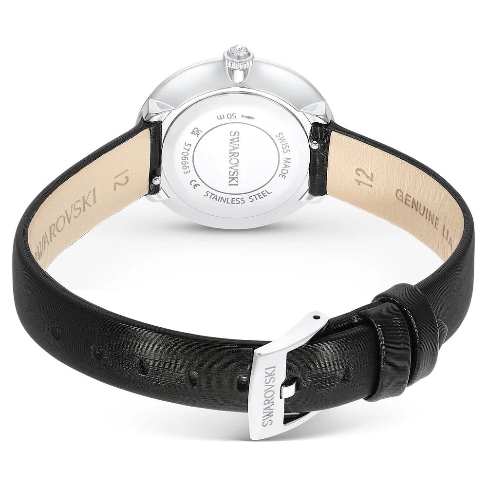 Matrix tennis watch, Swiss Made, Leather strap, Black, Stainless steel by SWAROVSKI