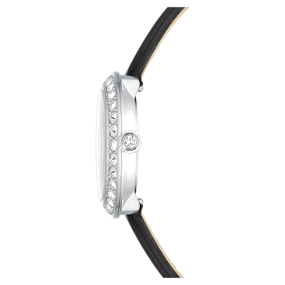 Matrix tennis watch, Swiss Made, Leather strap, Black, Stainless steel by SWAROVSKI