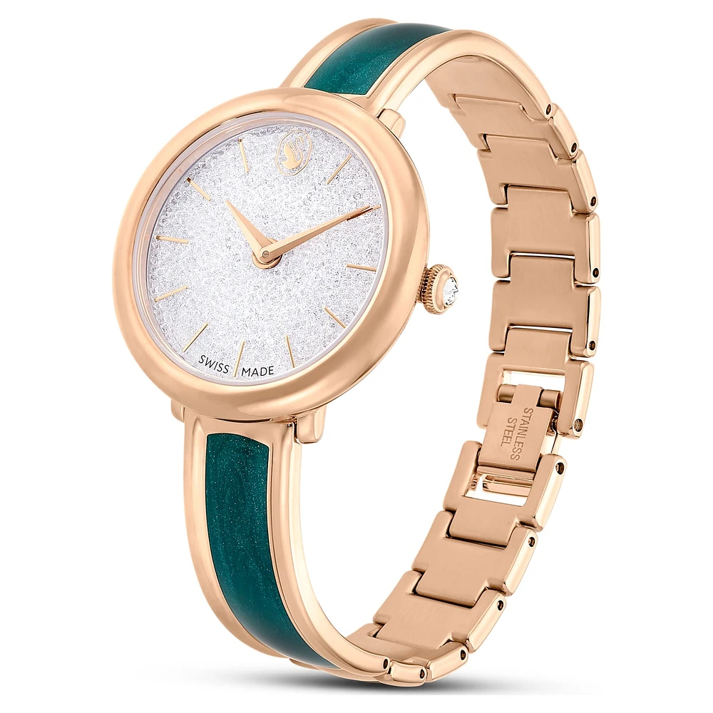 Crystalline bangle watch, Swiss Made, Metal bracelet, Green, Rose gold-tone finish by SWAROVSKI