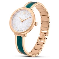 Crystalline bangle watch, Swiss Made, Metal bracelet, Green, Rose gold-tone finish by SWAROVSKI