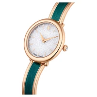 Crystalline bangle watch, Swiss Made, Metal bracelet, Green, Rose gold-tone finish by SWAROVSKI