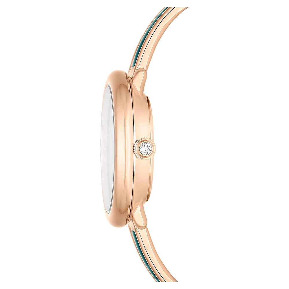 Crystalline bangle watch, Swiss Made, Metal bracelet, Green, Rose gold-tone finish by SWAROVSKI