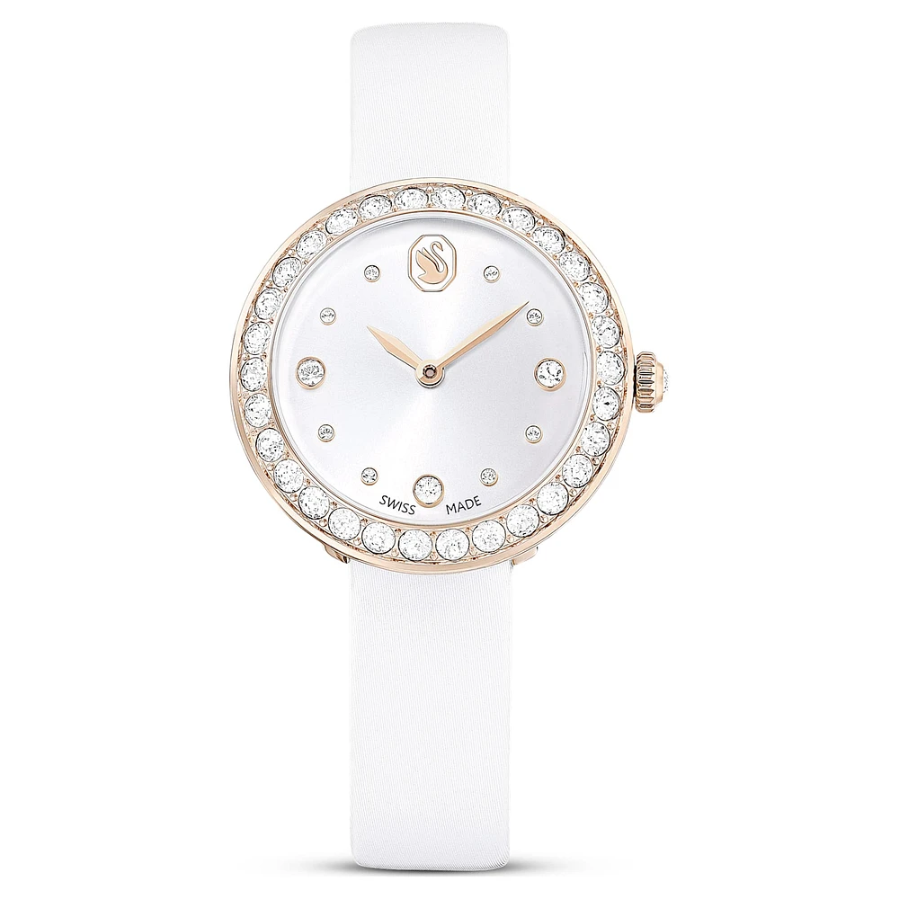 Matrix tennis watch, Swiss Made, Leather strap, White, Champagne gold-tone finish by SWAROVSKI