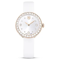 Matrix tennis watch, Swiss Made, Leather strap, White, Champagne gold-tone finish by SWAROVSKI