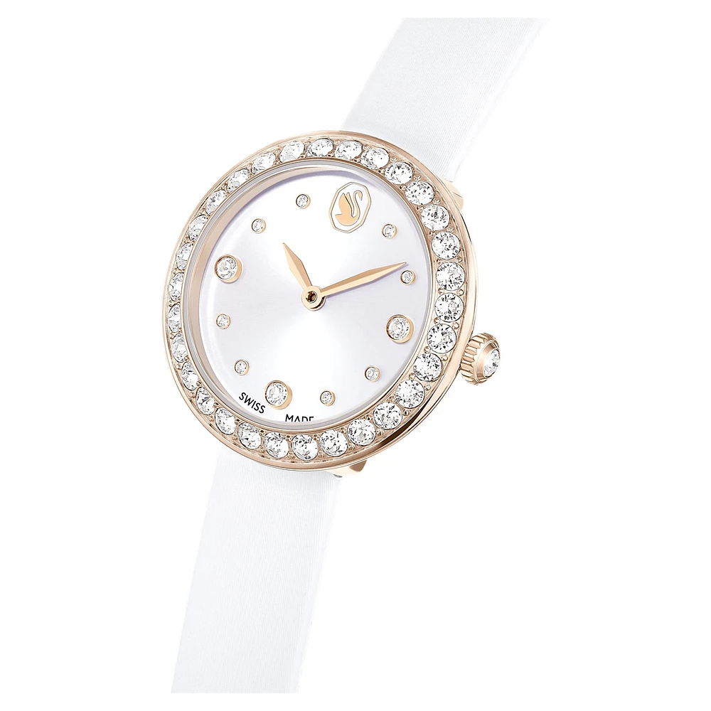 Matrix tennis watch, Swiss Made, Leather strap, White, Champagne gold-tone finish by SWAROVSKI