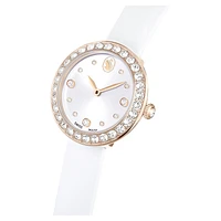 Matrix tennis watch, Swiss Made, Leather strap, White, Champagne gold-tone finish by SWAROVSKI
