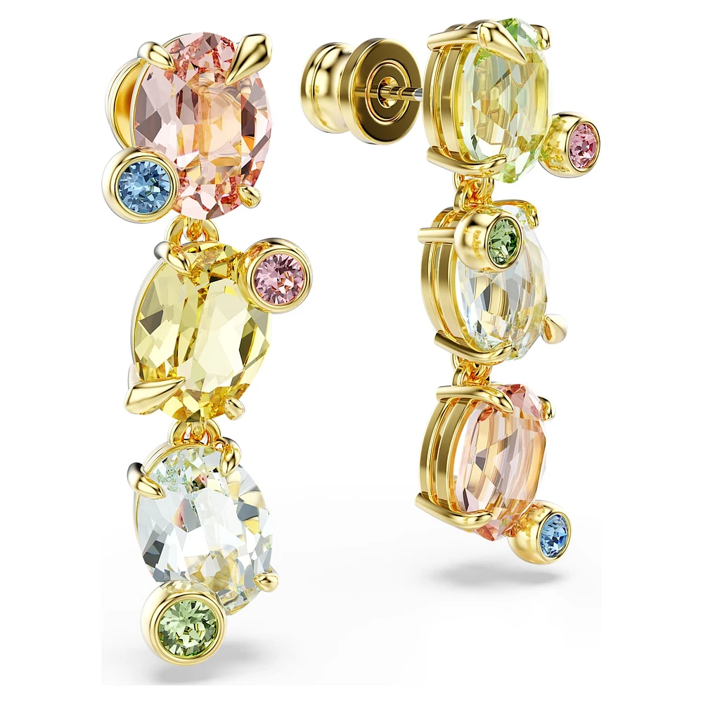 Gema drop earrings, Asymmetrical design, Mixed cuts, Multicolored, Gold-tone plated by SWAROVSKI