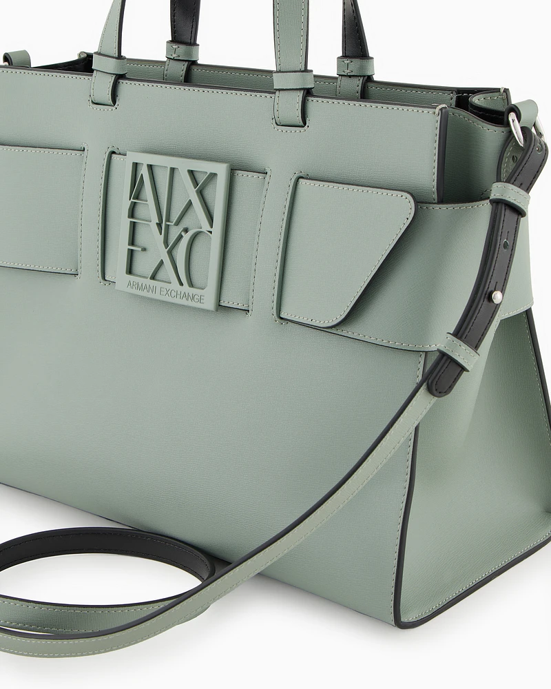 Armani Exchange - Large tote bag with double handles and shoulder strap, Woman, Green, Size: TU