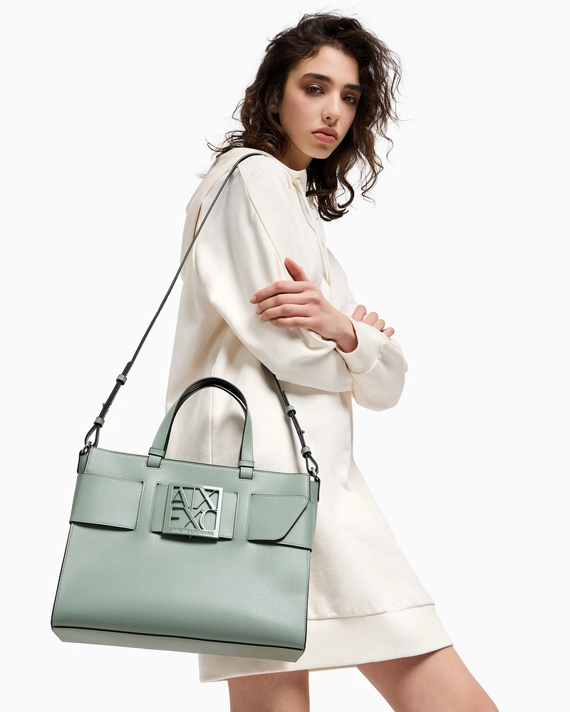 Armani Exchange - Large tote bag with double handles and shoulder strap, Woman, Green, Size: TU