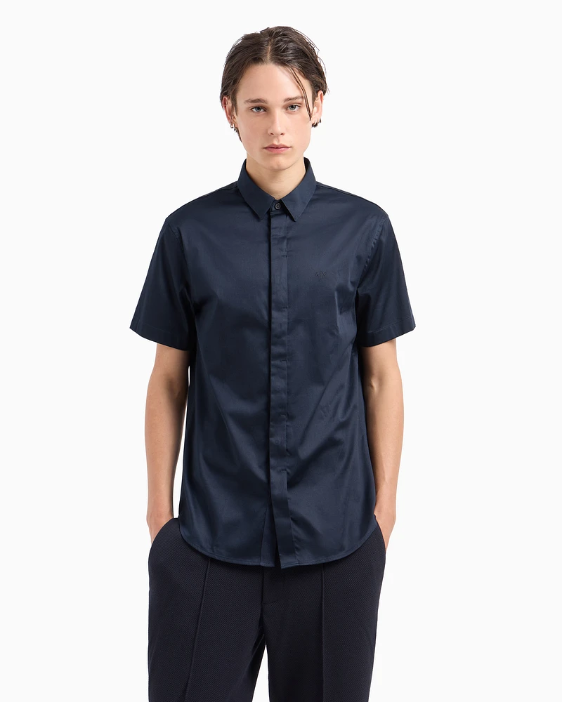 Armani Exchange - Slim fit short sleeve shirt in stretch satin, Man, Navy Blue, Size: S