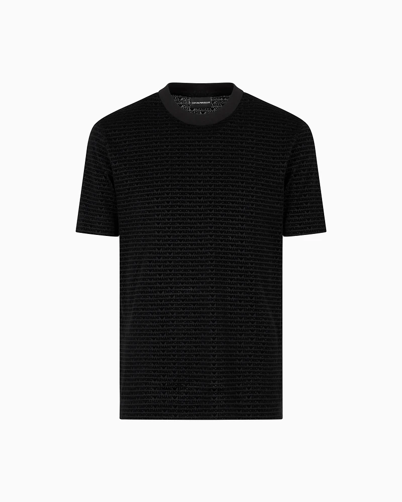 Emporio Armani - ASV Lyocell-blend jersey T-shirt with all-over flocked logo lettering, Man, Black, Size: