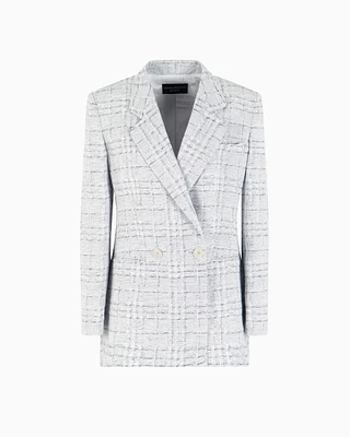 Emporio Armani - Icon double-breasted linen-blend blazer with a check motif, Woman, Grey, Size: