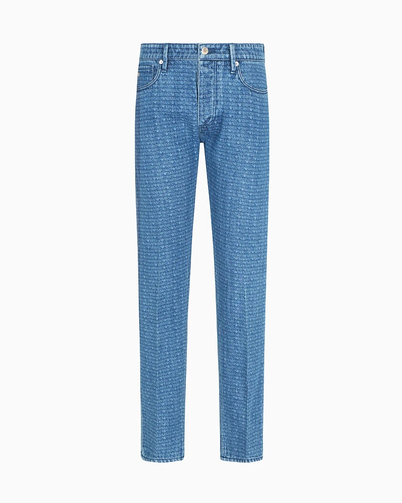 Emporio Armani - J75 Slim-fit jeans stone-washed denim with all-over lettering, Man, Light Blue, Size: