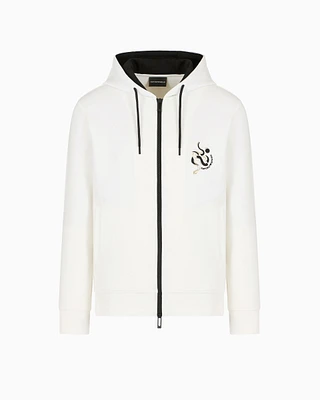 Emporio Armani - ASV Double-jersey hooded zip sweatshirt with Lunar New Year embroidery, Man, White, Size: