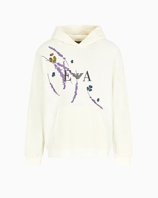 Emporio Armani - Brushed jersey hooded sweatshirt with lavender embroidery, Man, White, Size: