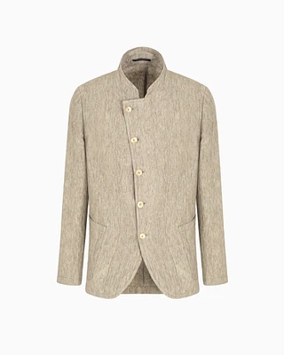 Emporio Armani - Guru collar jacket with off-centre fastening faded linen a crêpe feel, Man, Brown, Size: