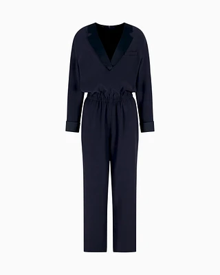 Emporio Armani - Technical cady jumpsuit with satin lapels, Woman, Navy Blue, Size: