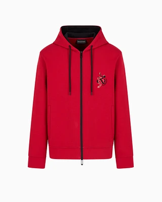 Emporio Armani - ASV Double-jersey hooded zip sweatshirt with Lunar New Year embroidery, Man, Red, Size: