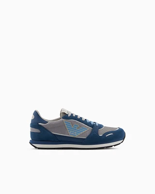 Emporio Armani - Mesh sneakers with suede details and eagle patch, Man, Blue, Size: