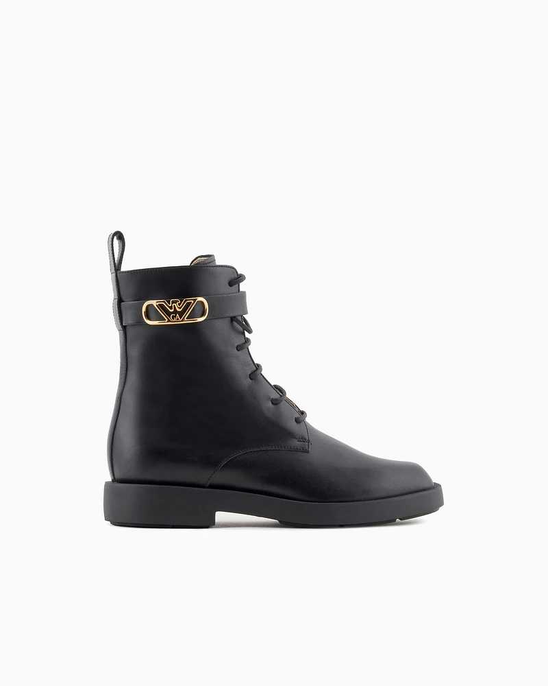 Emporio Armani - Leather lace-up ankle boots with Icon logo strap, Woman, Black, Size: