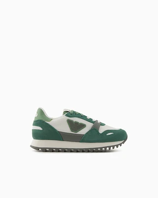 Emporio Armani - Mesh sneakers with suede details and eagle patch, Boy, Green, Size: