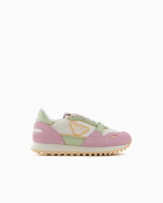 Emporio Armani - Mesh sneakers with suede details and eagle patch, Boy, Pink, Size: