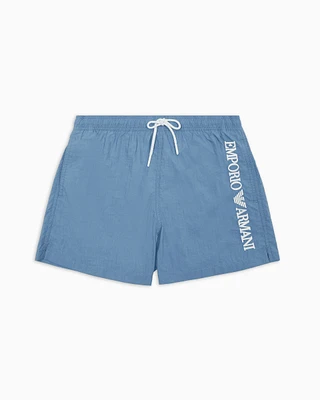 Emporio Armani - Swim shorts with vertical logo embroidery, Man, Light Blue, Size:
