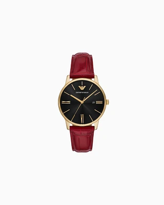Emporio Armani -  Three-Hand Date Bordeaux Red Leather Watch, Man, Multicoloured, Size: TU