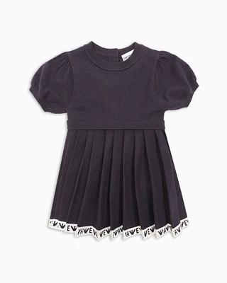 Emporio Armani - Knit dress with pleated skirt and logo trim, Girl, Navy Blue, Size: