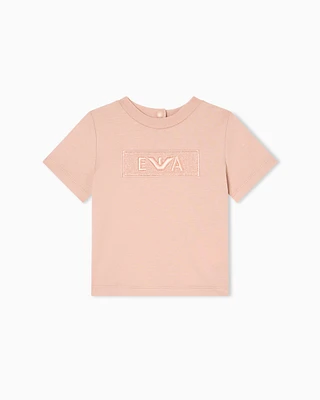 Emporio Armani - Jersey T-shirt with embroidered EA patch, Girl, Pink, Size: