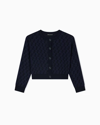 Emporio Armani - Cardigan in a jacquard knit with an all-over EA logo, Girl, Blue, Size: 5A