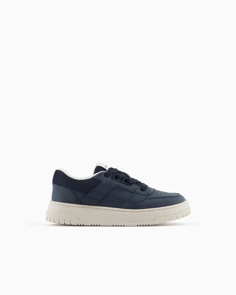 Emporio Armani - Leather sneakers with mesh details, Boy, Navy Blue, Size: