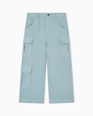 Emporio Armani - Comfortable, wide-leg cargo trousers drill fabric, Girl, Light Blue, Size: