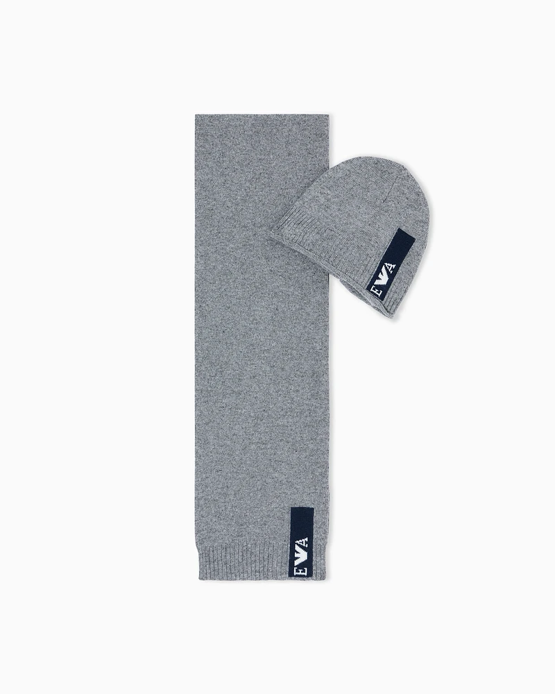 Emporio Armani - Wool-blend beanie and scarf set with jacquard logo, Boy, Grey, Size: S