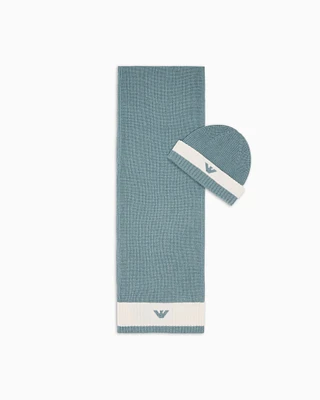 Emporio Armani - Wool-blend beanie and scarf set, Girl, Light Blue, Size: