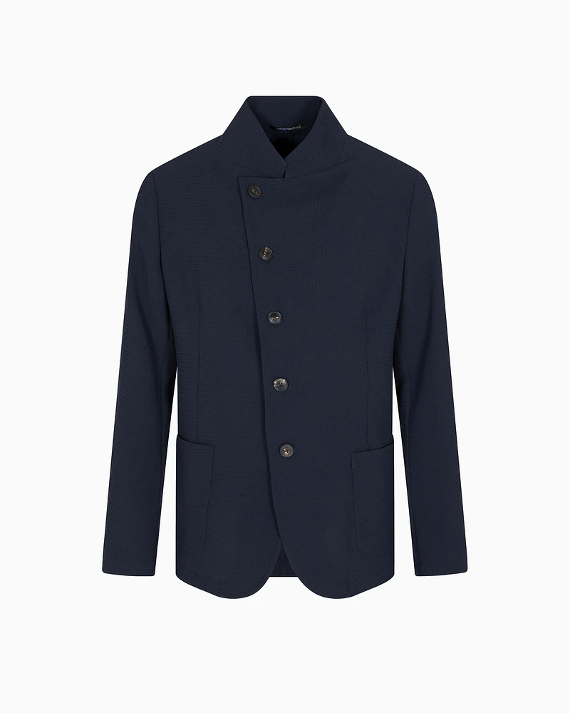 Emporio Armani - Icon guru-collar jacket with off-centre fastening, three-dimensional piqué-effect crêpe jersey, Man, Blue, Size: