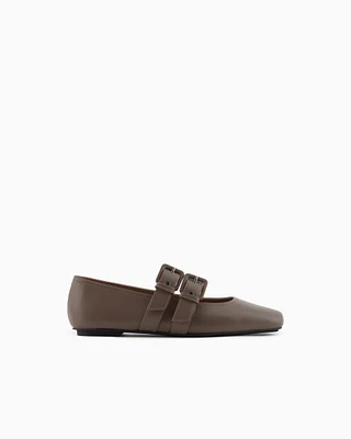 Emporio Armani - Nappa-leather square-toed ballerinas with double strap, Woman, Brown, Size: