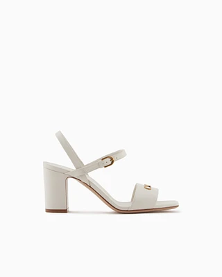 Emporio Armani - Nappa-leather heeled sandals with eagle plate, Woman, White, Size:
