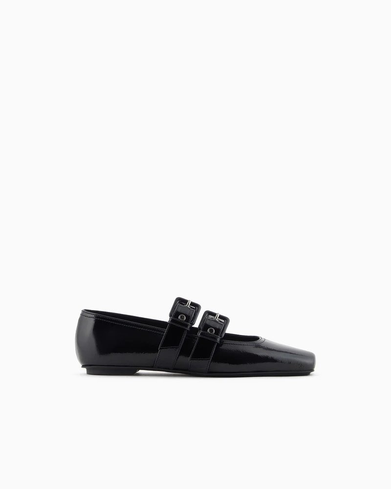 Emporio Armani - Patent leather ballerinas with double strap, Woman, Black, Size: