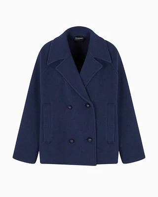 Emporio Armani - Boiled wool double-breasted pea coat, Woman, Blue, Size: